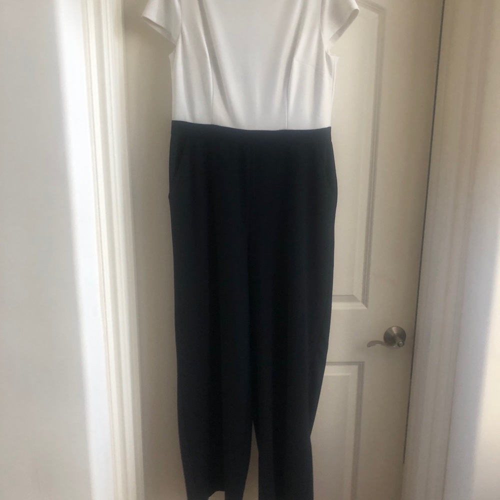 Black and off white palazzo jumpsuit.